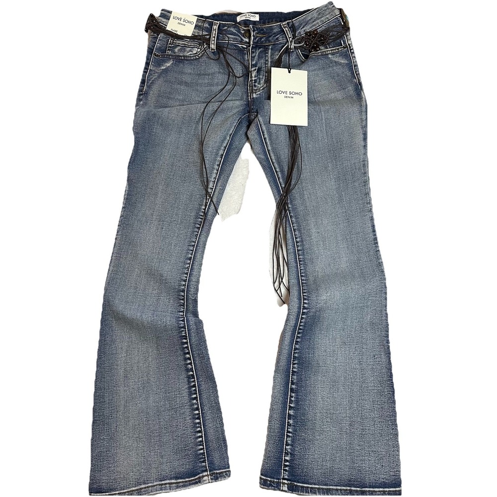 LOVE SOHO DENIM Flare Jeans Womens Size 11 Blue Wash Y2K Boho Rope Belt NWT